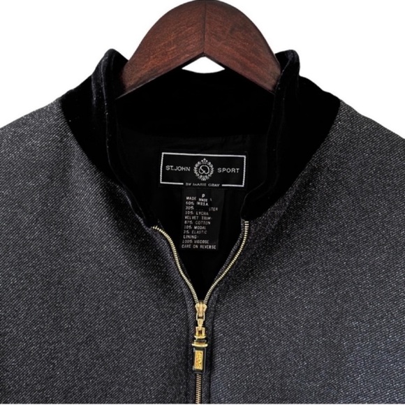 St. John Black Bomber Jacket with Velvet Trim Size 2 - Picture 3 of 9